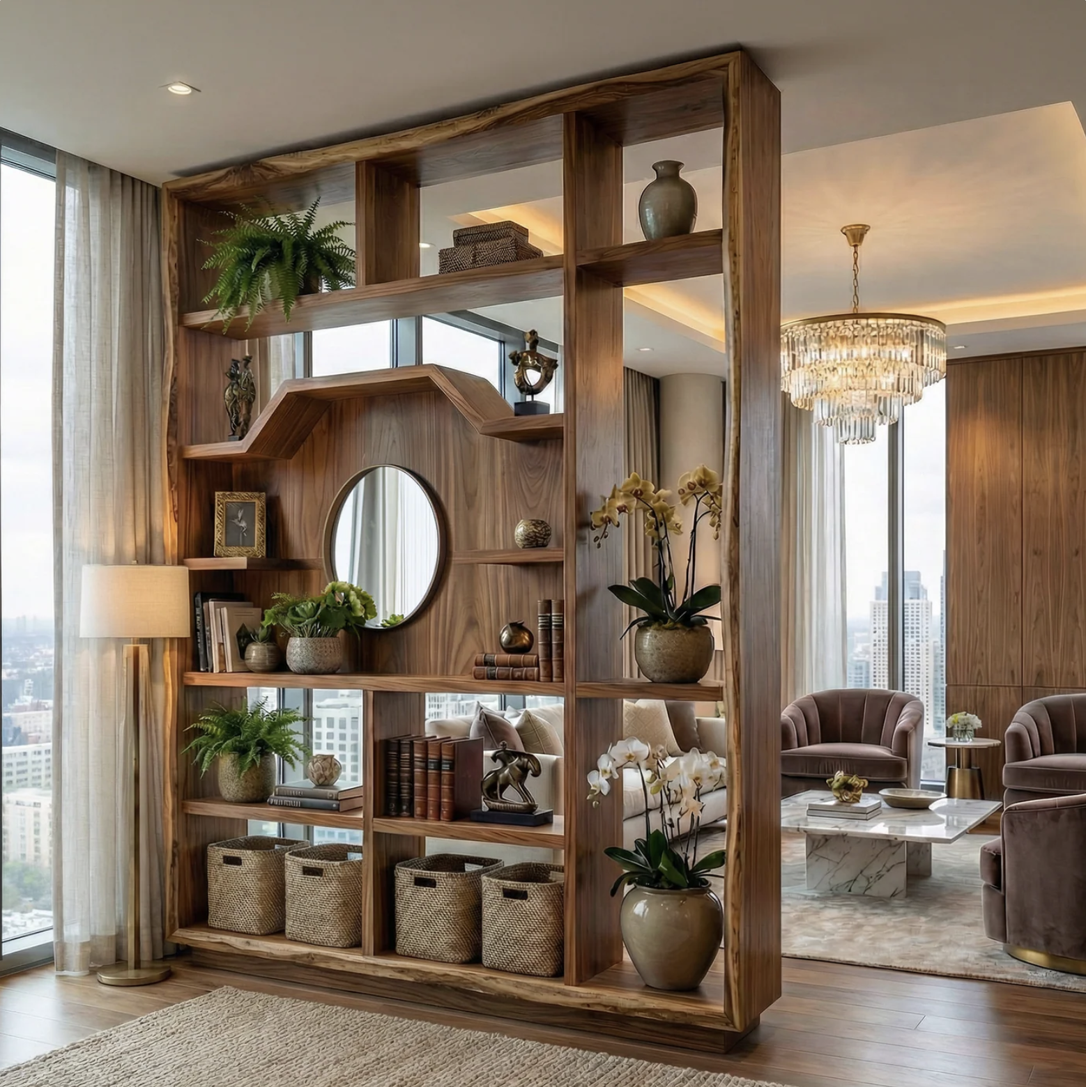 Styled room divider with curated decor